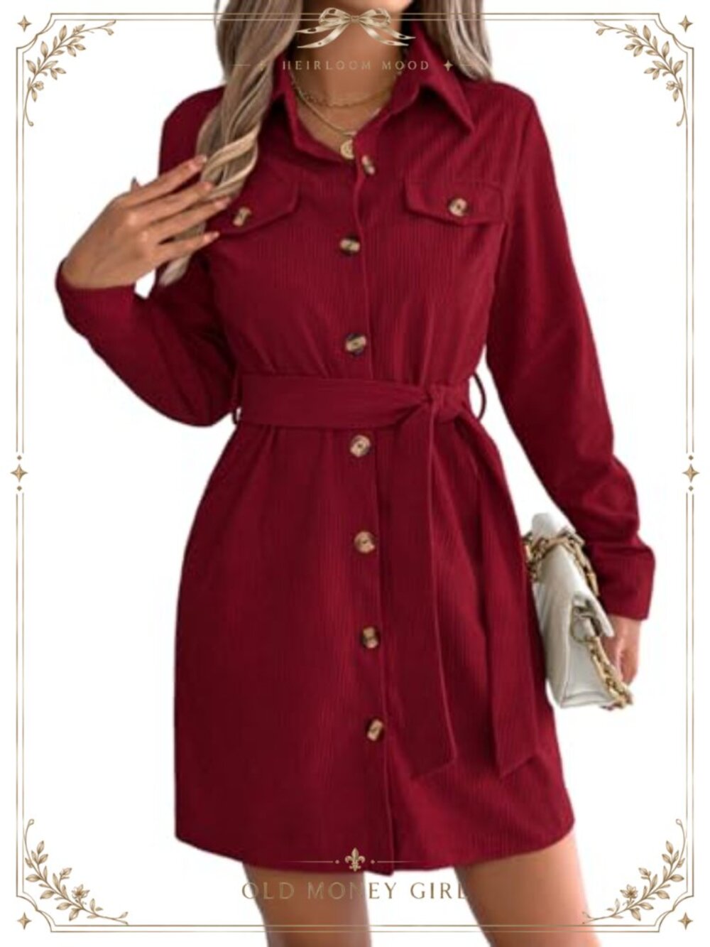Corduroy Shirt Dress Collared Button Down Belted Short Business Casual